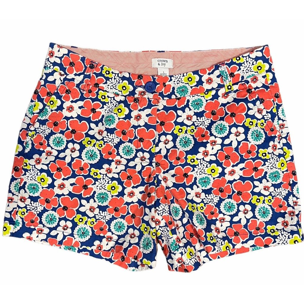 Crown & Ivy Caroline Shorts sz  6 Blue Multi Floral Classic Fit Stretch Twill